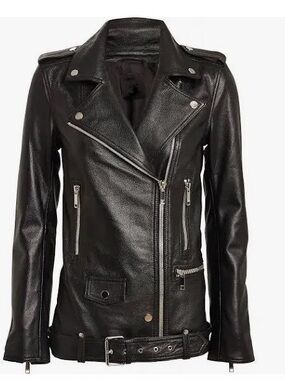 LTH JKT boyfriend oversized Classic Black Leather Moto Jacket with Belted Hem